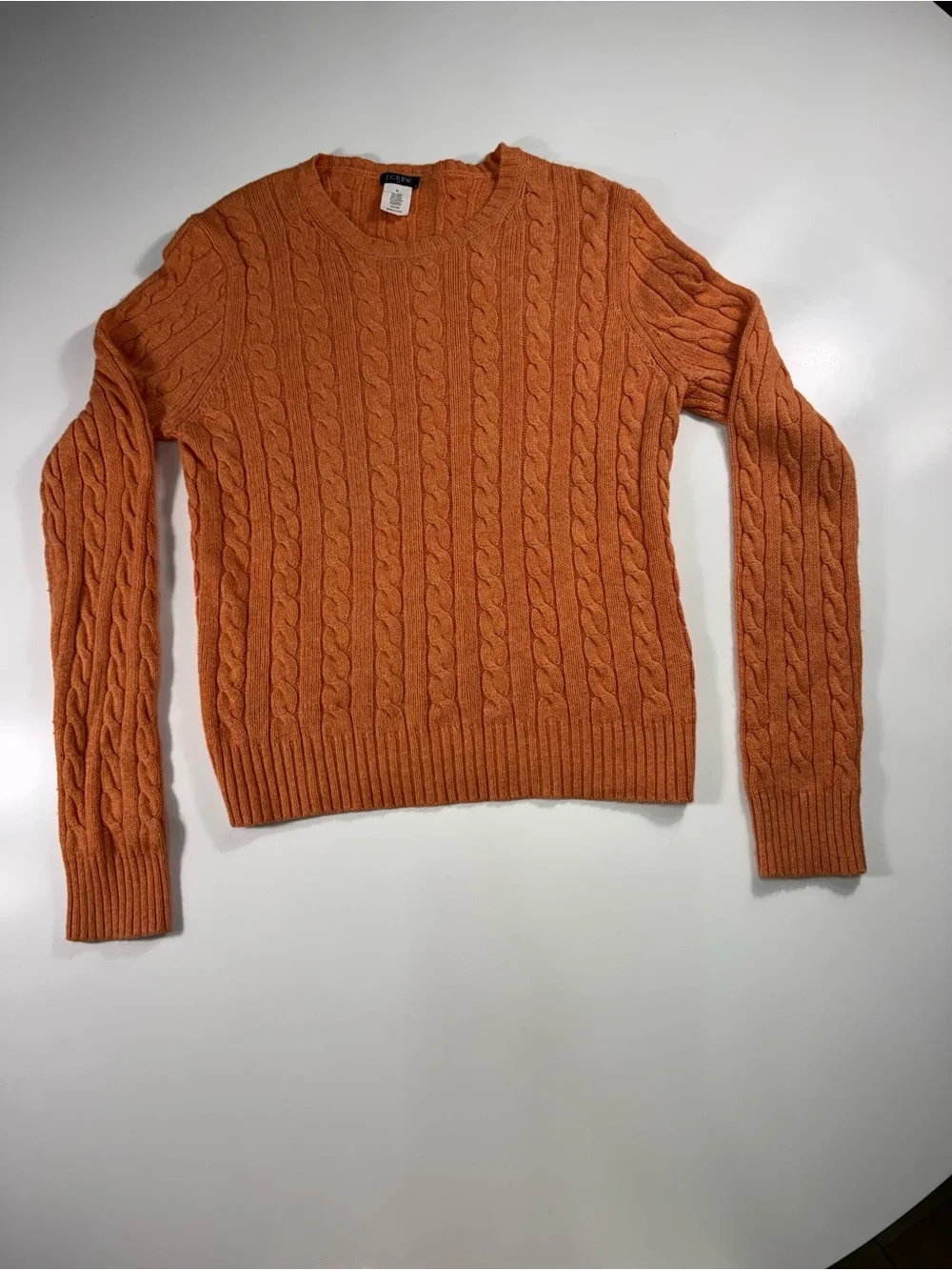 J. Crew Cashmere Cotton Blend Orange Cable-Knit Crewneck Sweater